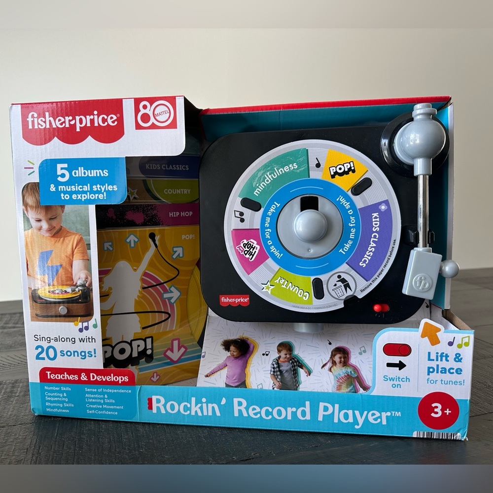 Fisher-Price Rockin’ record player for preschool pretend play.